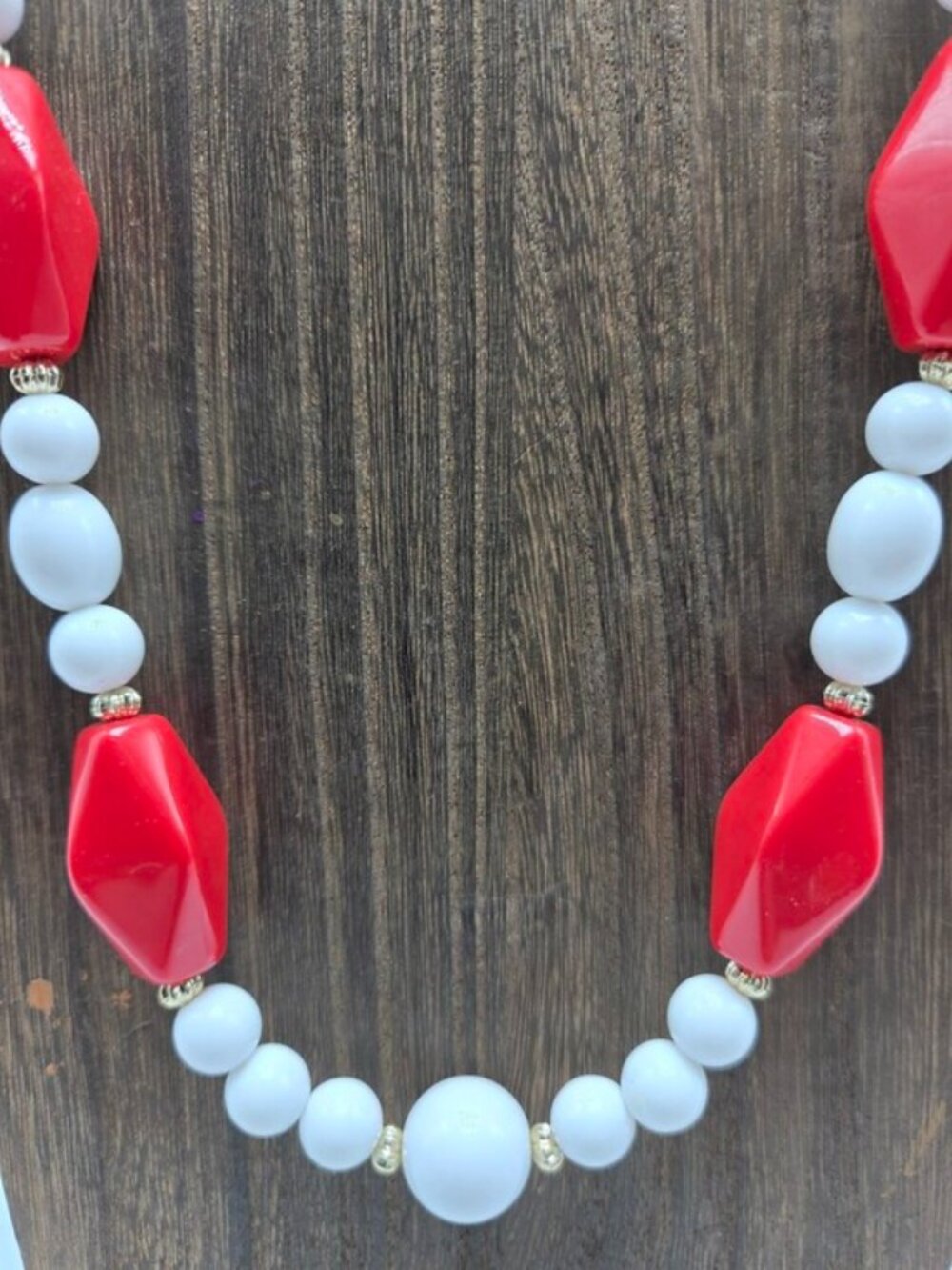 WT 80's Red White Beaded Necklace Gold Tone Spacers Single Strand Statement Cost
